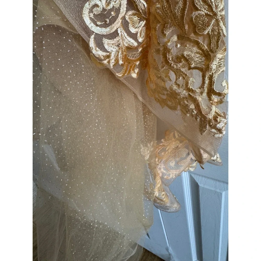 Girls Gold Lace Pageant Dress High Low Flower Girl Gown‎ Beaded Tulle Size 8-10